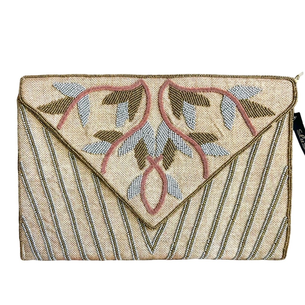 NWT Lulu’s beaded embroidered boho wedding clutch Through the Vine Light Brown